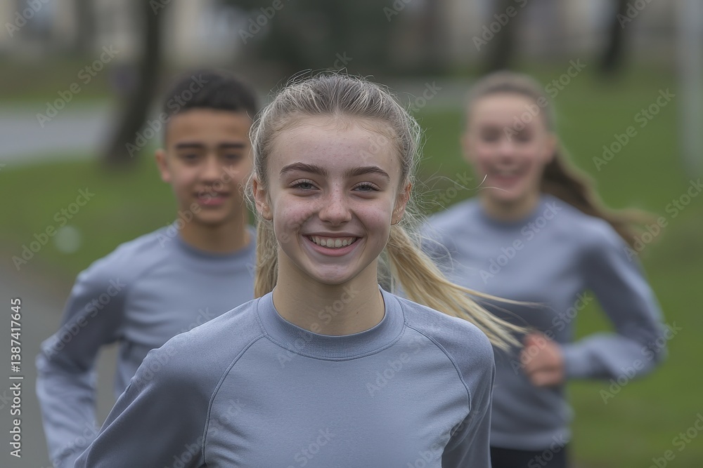 Obraz premium Teens smiling during weekend fitness bootcamp with empowering teamwork activities.