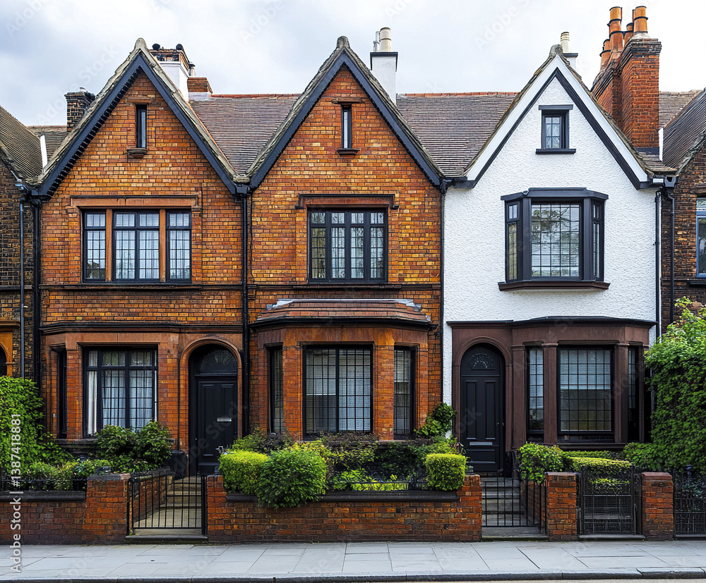 Fototapeta premium Charming brick terrace houses with lush greenery and classic architecture