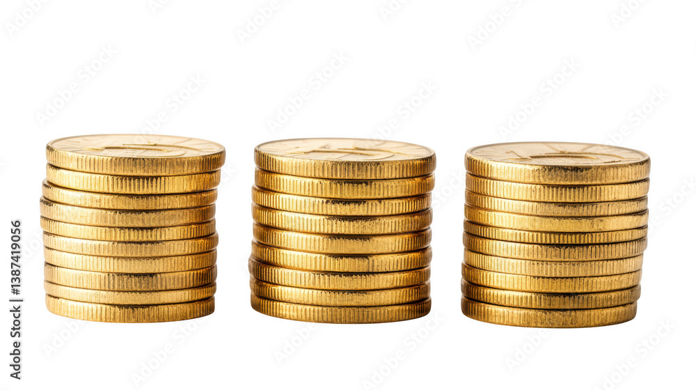 Three stacks of golden coins displayed in ascending order concept of wealth Three stacks of golden coins displayed in ascending order concept of wealth