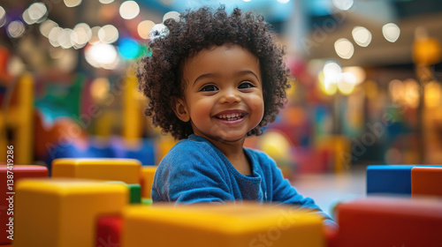 Happy african american boy playing joyfully in modern indoor playground having fun in colorful and bright playground inside shopping mall, banner copy space