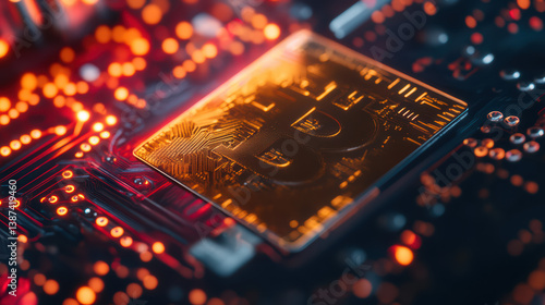 Bitcoin and the Circuit: A close-up perspective of a Bitcoin symbol on a circuit board, showcasing the intersection of digital currency and cutting-edge technology. It is a symbol of innovation.