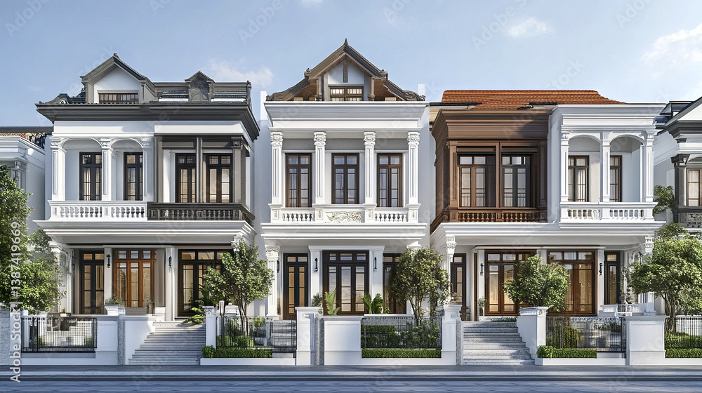 Fototapeta premium Elegant row of modern terrace houses with classic architectural details