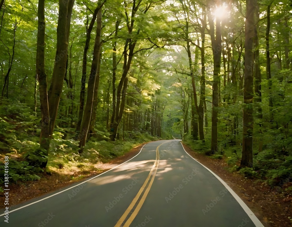 Naklejka premium A peaceful path through a dense forest, where sunlight filters through the leaves and creates a play of light on the ground. The road is quiet, and the air is fresh.