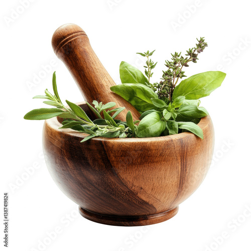 Herb grinding with wooden mortar and pestle isolated image natural ingredients kitchen close-up culinary art