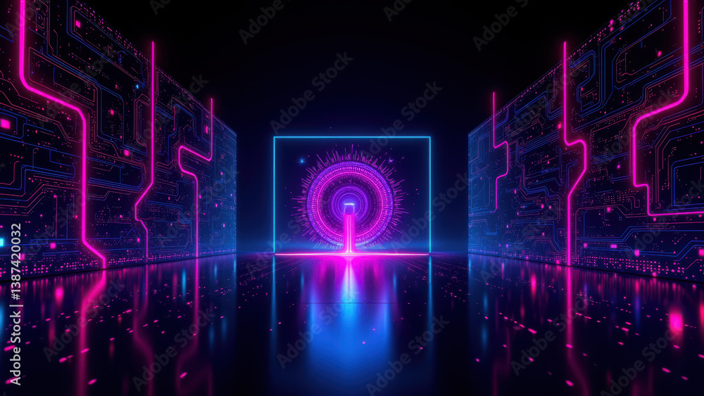 Obraz premium Futuristic cybernetic room with holographic security data and encryption gateways.