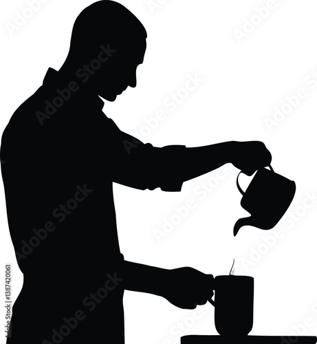 Silhouette of a man standing and pouring a hot beverage into a mug on a countertop, symbolizing coffee service, barista work, and hot drink preparation