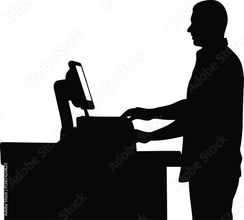 Silhouette of a male cashier operating a checkout terminal, viewed from the side, symbolizing retail service, transaction handling, and shop floor work