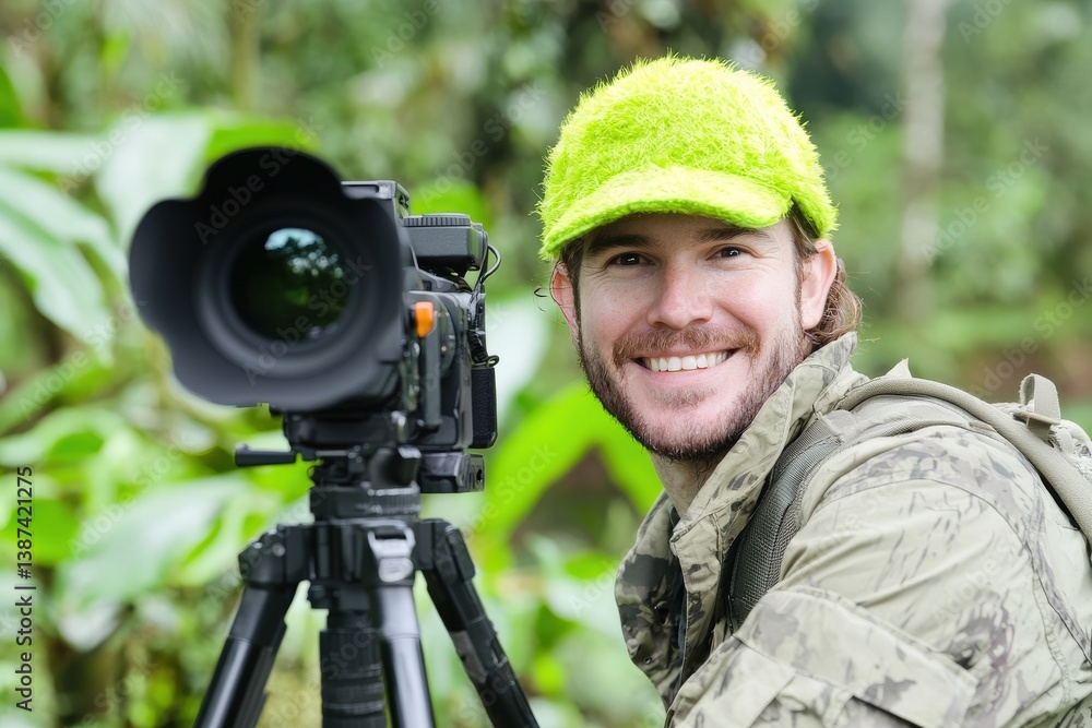 Obraz premium Wildlife photographer smiling after capturing a perfect shot of endangered species in the wild, full of joy and pride.
