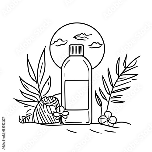 Sunscreen Bottle Surrounded by Tropical Elements  