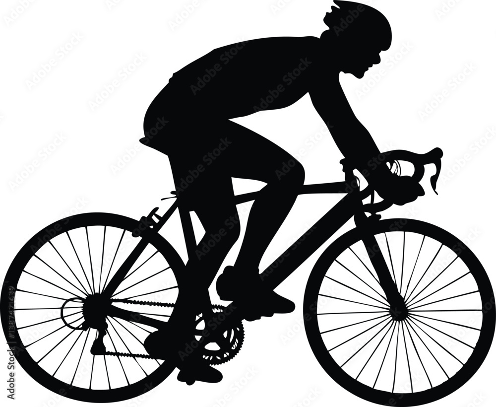 Fototapeta premium Silhouette of a professional cyclist riding a road bike, wearing a helmet, representing endurance, outdoor fitness, and competitive cycling sport