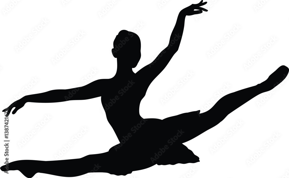 Fototapeta premium Silhouette of a ballerina performing a high leap with extended arms and legs, representing classical ballet, grace, and dance performance