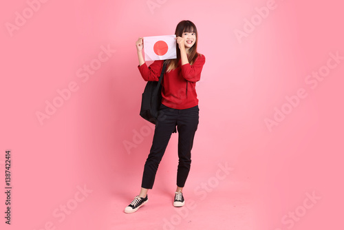 20s asian woman in red t-shirt