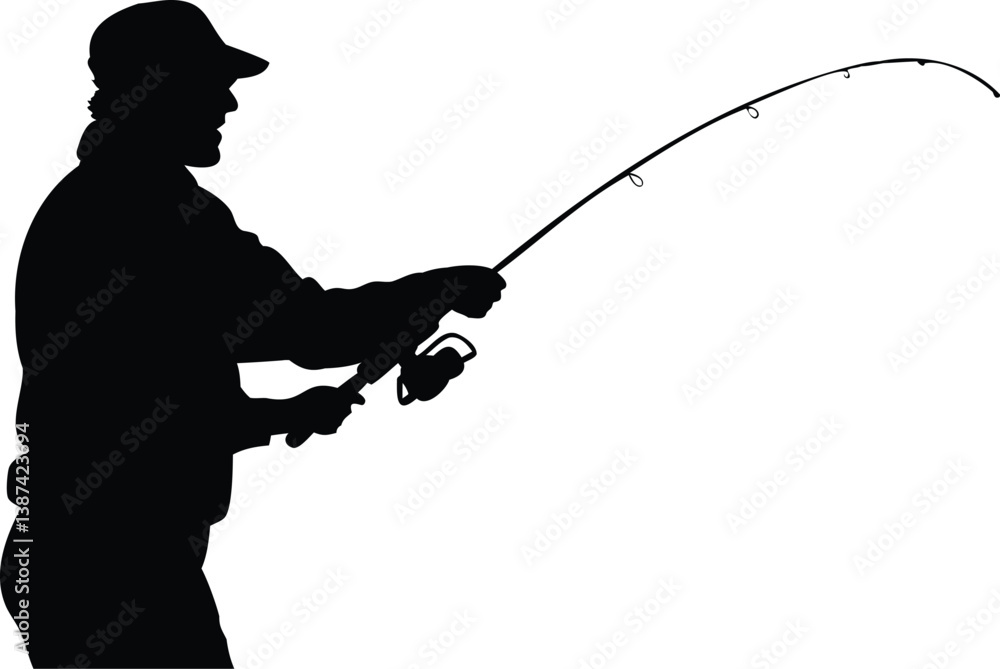 Fototapeta premium Silhouette of a man holding a fishing rod and casting a line, representing outdoor recreational fishing, nature activity, and leisure lifestyle by the water
