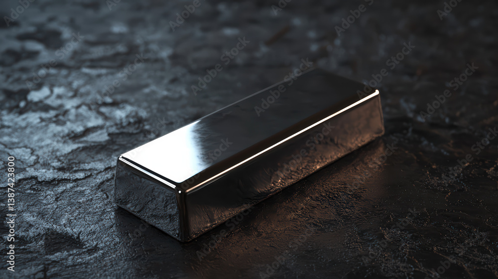 Shiny Silver Ingot on Dark Stone: A gleaming silver ingot sits on a rough, dark stone surface, its smooth surface reflecting the surrounding ambiance, showcasing the ingot's inherent value and allure. Shiny Silver Ingot on Dark Stone: A gleaming silver ingot sits on a rough, dark stone surface, its smooth surface reflecting the surrounding ambiance, showcasing the ingot's inherent value and allure.