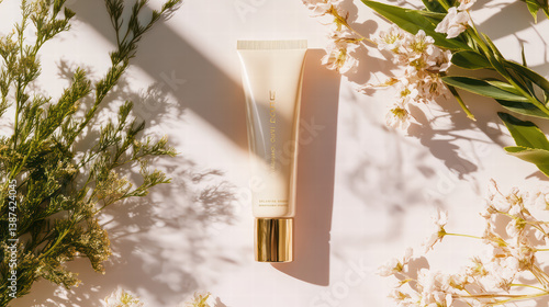 Elegant Cream Tube Surrounded by Flora: The elegant cream tube, enhanced with natural flora, evokes a sense of purity and beauty with its natural surrounding.