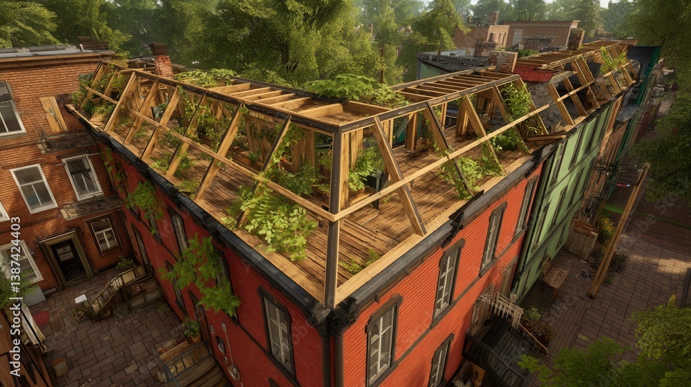 Overgrown rooftop garden on a red brick building, viewed from above. Lush green plants and wooden structures.