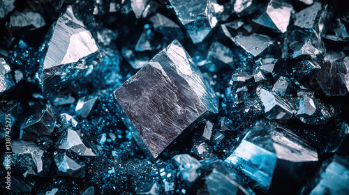 Cube Among Chunks: A striking square chunk of an unspecified substance rests amidst a field of broken reflective pieces, its sharp lines creating a visual counterpoint to the jagged surroundings.