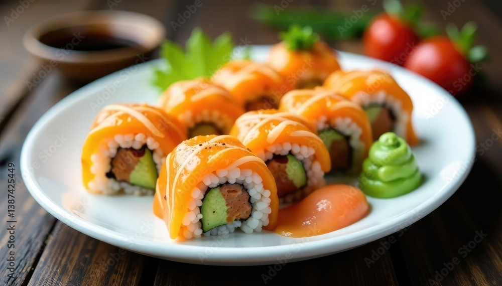 Variety of sushi rolls on white plate, soy sauce, wasabi, culinary, seafood Variety of sushi rolls on white plate, soy sauce, wasabi, culinary, seafood