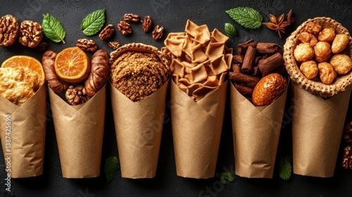 Assortment of baked goods in kraft paper cones.  Various textures and colors.  Dark background with fresh herbs and nuts