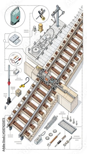 Detailed Isometric Illustration of Railway Tracks and Components