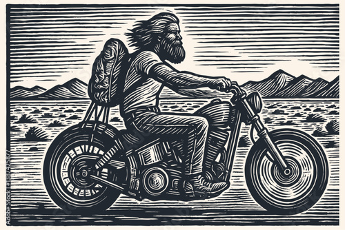 Vintage engraving style vector art. Bearded man with backpack rides a motorcycle across a desert plain towards distant mountains.