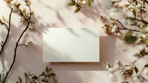 Delicate Floral Presentation: A serene composition with blossoming branches framing a blank card, softly lit with gentle shadows and natural elegance.