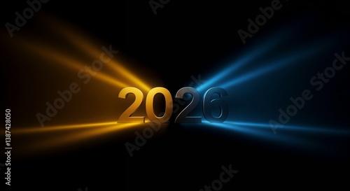2026 light beams in blue and orange on a black background  