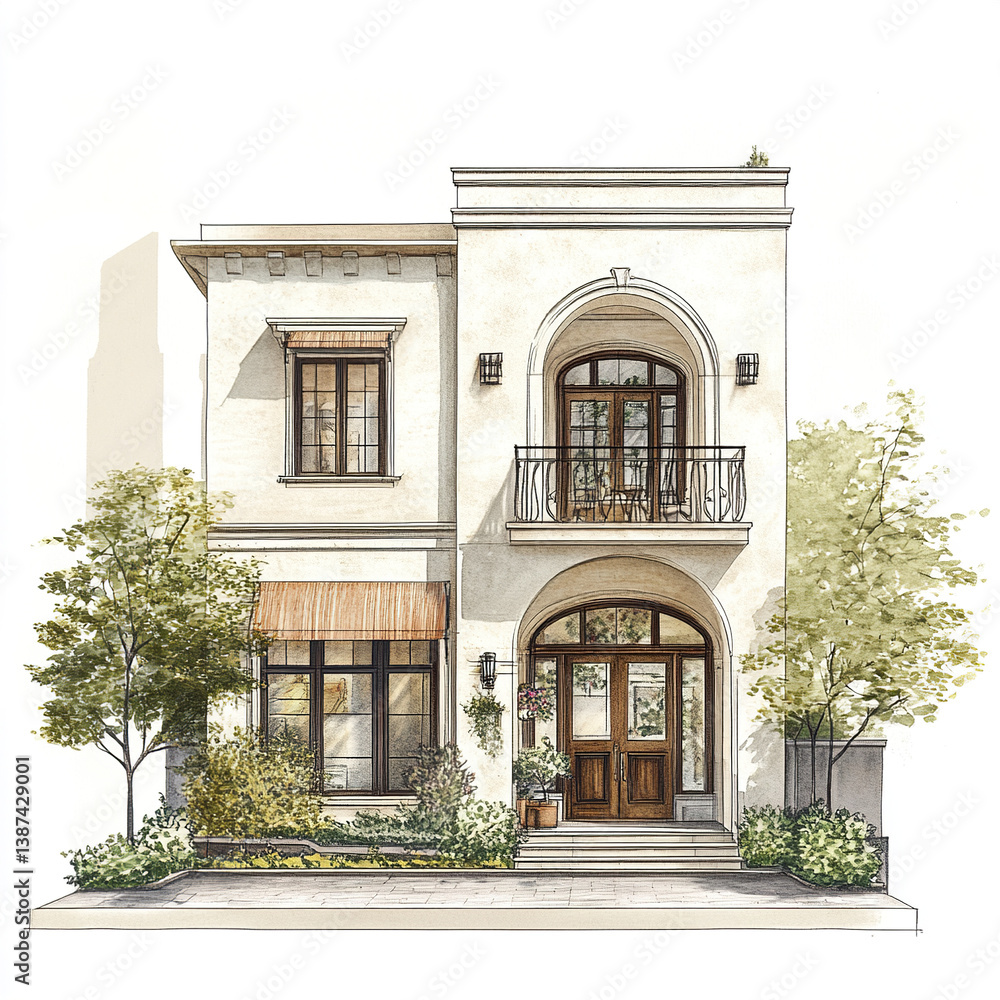 Obraz premium Elegant townhouse with arched entry and balcony, surrounded by greenery