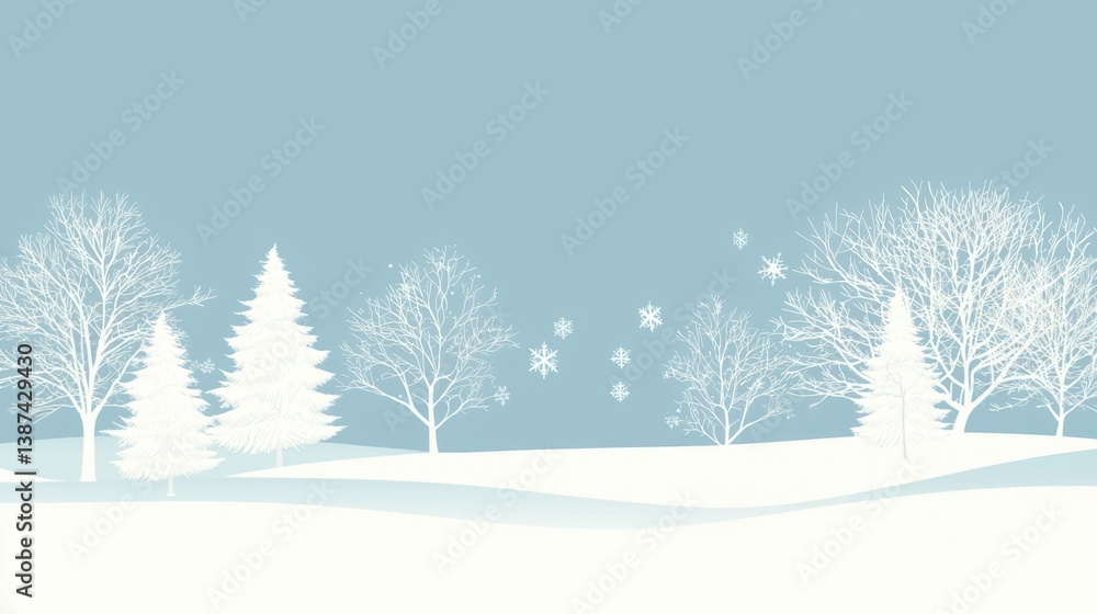 Fototapeta premium Winter landscape Snow covered trees in cold climate scenery, snow flakes falling