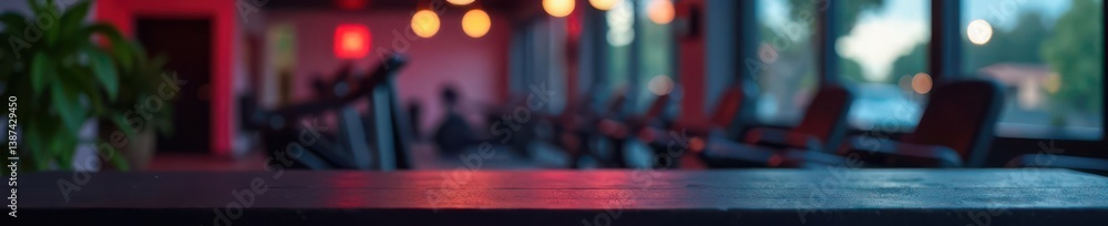 Obraz premium Black desk, gym equipment bokeh, free space for design, lifestyle, metal, clean