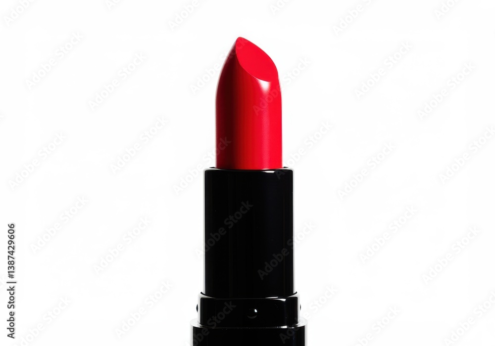 Fototapeta premium Red lipstick in black case isolated on white background for beauty product display
