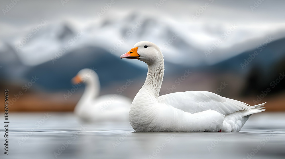 White Geese on Icy Lake with Snowy Mountain Background White Geese on Icy Lake with Snowy Mountain Background