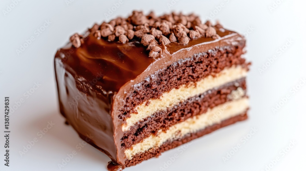 A slice of chocolate cake with rich ganache and chocolate chips on top, displayed on a white background, close-up view, and dessert concept. A slice of chocolate cake with rich ganache and chocolate chips on top, displayed on a white background, close-up view, and dessert concept.