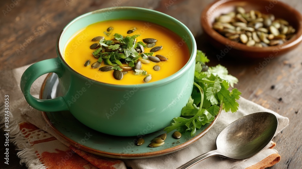 A warm bowl of pumpkin soup sends up gentle steam, its velvety texture topped with crunchy pepitas and fresh herbs for the perfect autumn comfort. A warm bowl of pumpkin soup sends up gentle steam, its velvety texture topped with crunchy pepitas and fresh herbs for the perfect autumn comfort.
