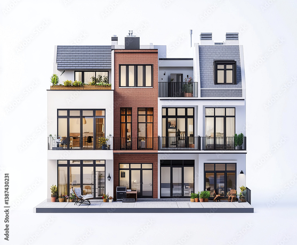 Modern townhouse facade with large windows and balconies Modern townhouse facade with large windows and balconies
