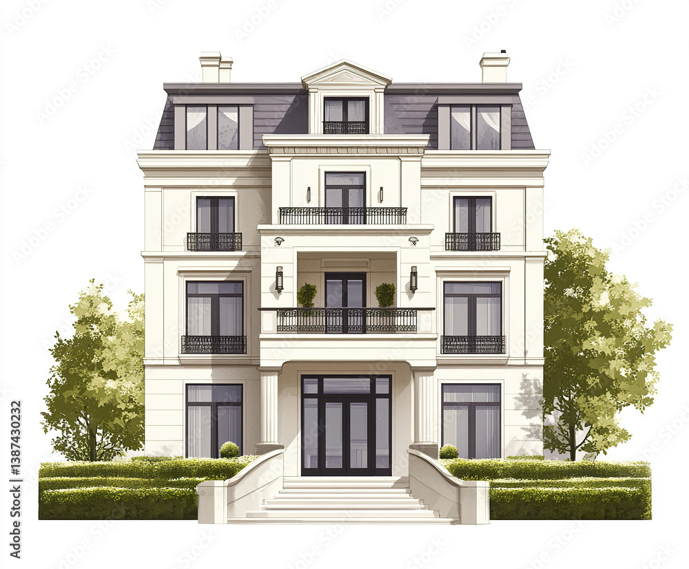 Fototapeta premium Elegant townhouse with classic architecture and lush greenery
