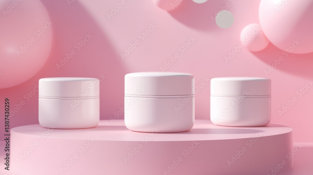 Cosmetic jars on a pink podium. 3D rendering. Use Product display Cosmetic jars on a pink podium. 3D rendering. Use Product display