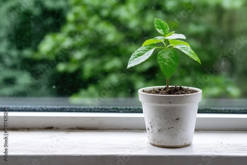 A young plant in a small pot sits on a windowsill, bathed in natural light.  A vibrant green sprout with fresh leaves, nestled within a small, off-white pot, rests on a white window sill,