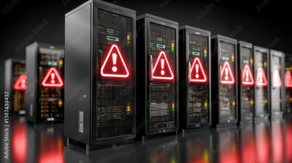 Red warning signs illuminate a row of dark server racks reflecting on a sleek surface.