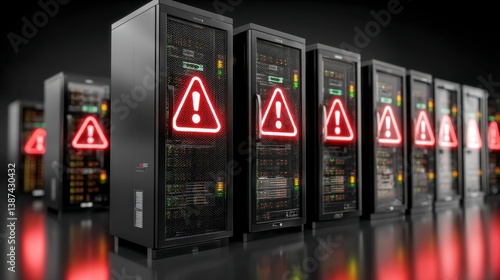 Obraz na płótnie Red warning signs illuminate a row of dark server racks reflecting on a sleek surface. w salonie