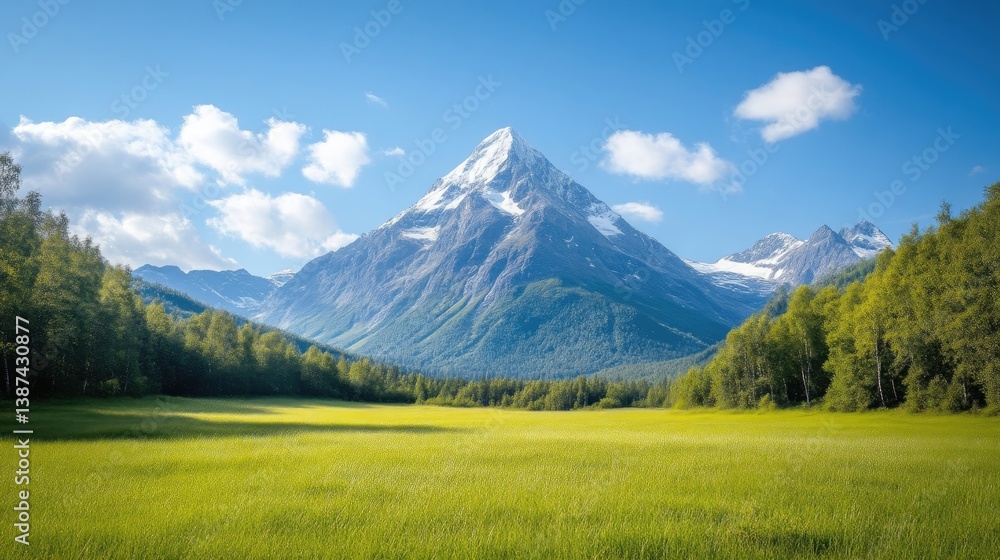 Fototapeta premium Pristine mountain meadow landscape under a vibrant sky. Lush green field stretches before a snow-capped peak, surrounded by towering trees