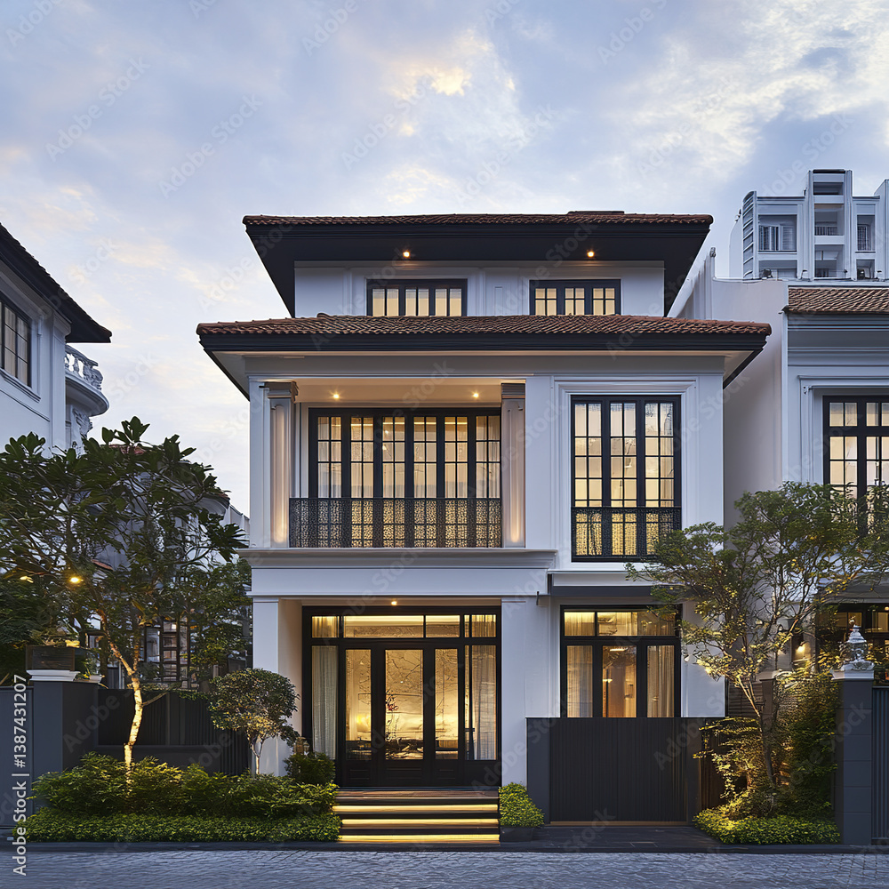 Fototapeta premium Elegant three story townhouse with modern design and warm lighting