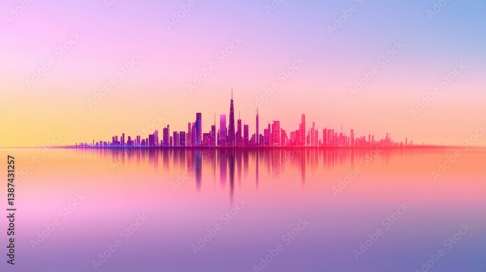 Fototapeta premium Cityscape skyline reflected in water, sunset, bright colors, travel and business usage