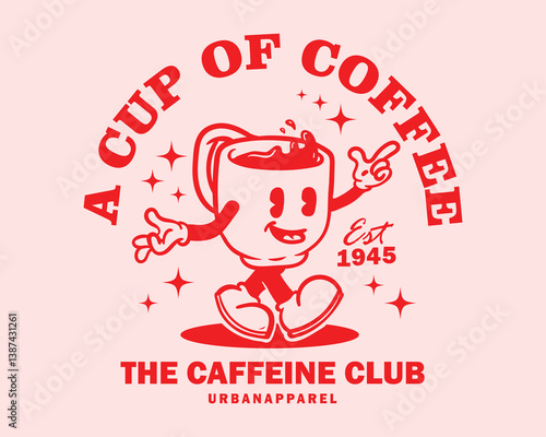 Groovy funky vector of coffee cup mascot illustration cartoon style, retro and trendy graphic design for fashion wear, street wear, clothing line, apparel and urban style t shirt design, hoodies, etc.