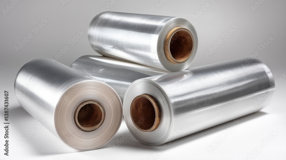 Fototapeta premium Neatly arranged on a clean white surface, the transparent plastic film rolls reflect light with a sleek sheen, showcasing their industrial precision and functional elegance.