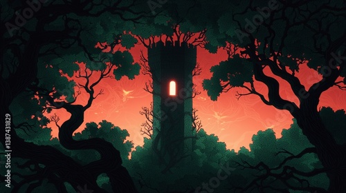 Tower in misty forest, dramatic scene, concept art for fantasy game/illustration