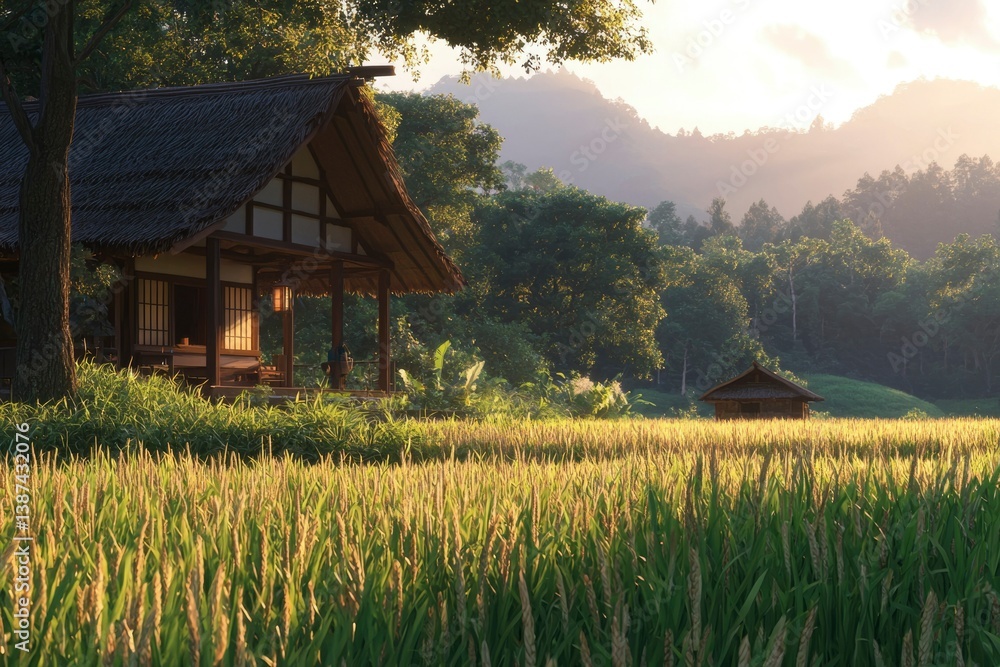 Fototapeta premium Serene landscape. A Japanese house sits near rice fields at sunset, ideal for travel