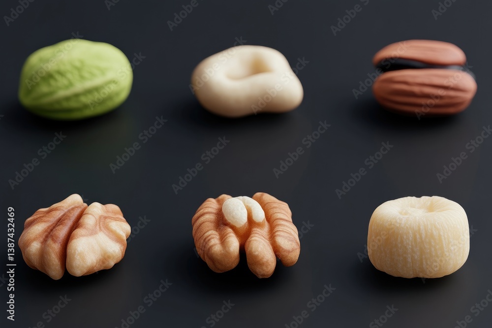 Close-up of assorted nuts on dark background. Variety of shelled and whole nuts displayed. Different nut types are highlighted Close-up of assorted nuts on dark background. Variety of shelled and whole nuts displayed. Different nut types are highlighted