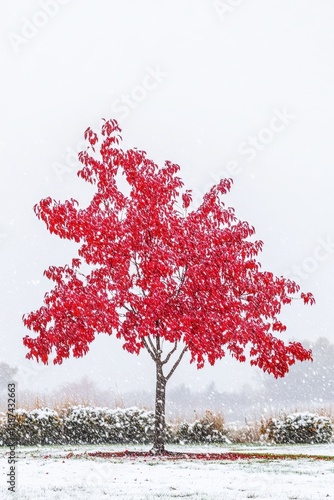 Vibrant Red Tree in Snowy Landscape Capturing Winter's Essence.