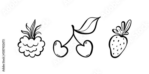 berry doodle mini set. Raspberries, cherries and strawberries outline vector illustration. Summer garden berries isolated on a white background.